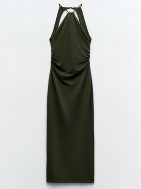 Zara Olive Green Shaping Halter Midi Dress